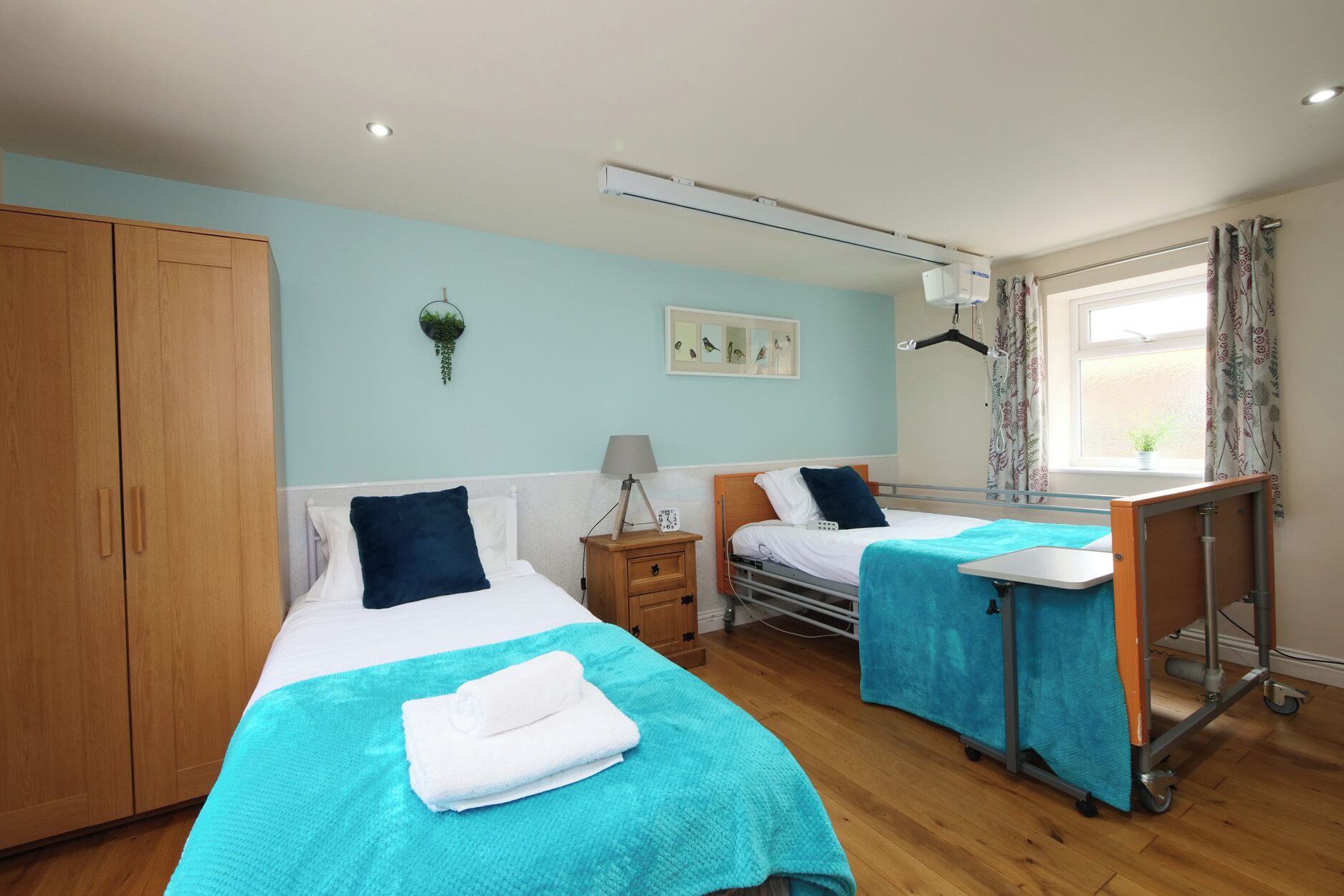 A twin room with two beds, a wooden wardrobe, a window with curtains, a wall-mounted plant, and a bedside table with a lamp.