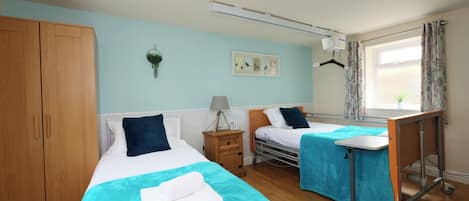 A twin room with two beds, a wooden wardrobe, a window with curtains, a wall-mounted plant, and a bedside table with a lamp.