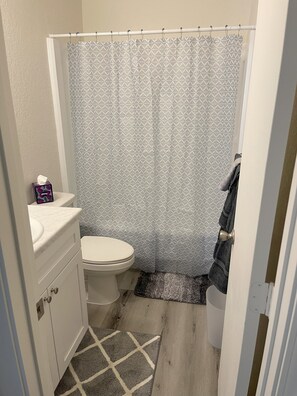 Un baño con inodoro, lavamanos, cortina de ducha y una alfombra.
