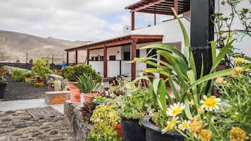 Un giardino pensile con diverse piante e fiori in vaso, una pergola e montagne sullo sfondo.