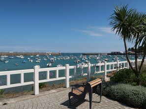 Eine Bank mit Blick auf einen Yachthafen und zahlreiche Boote.