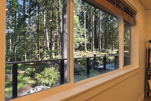 Una habitación con un amplio ventanal con vistas a una zona boscosa.