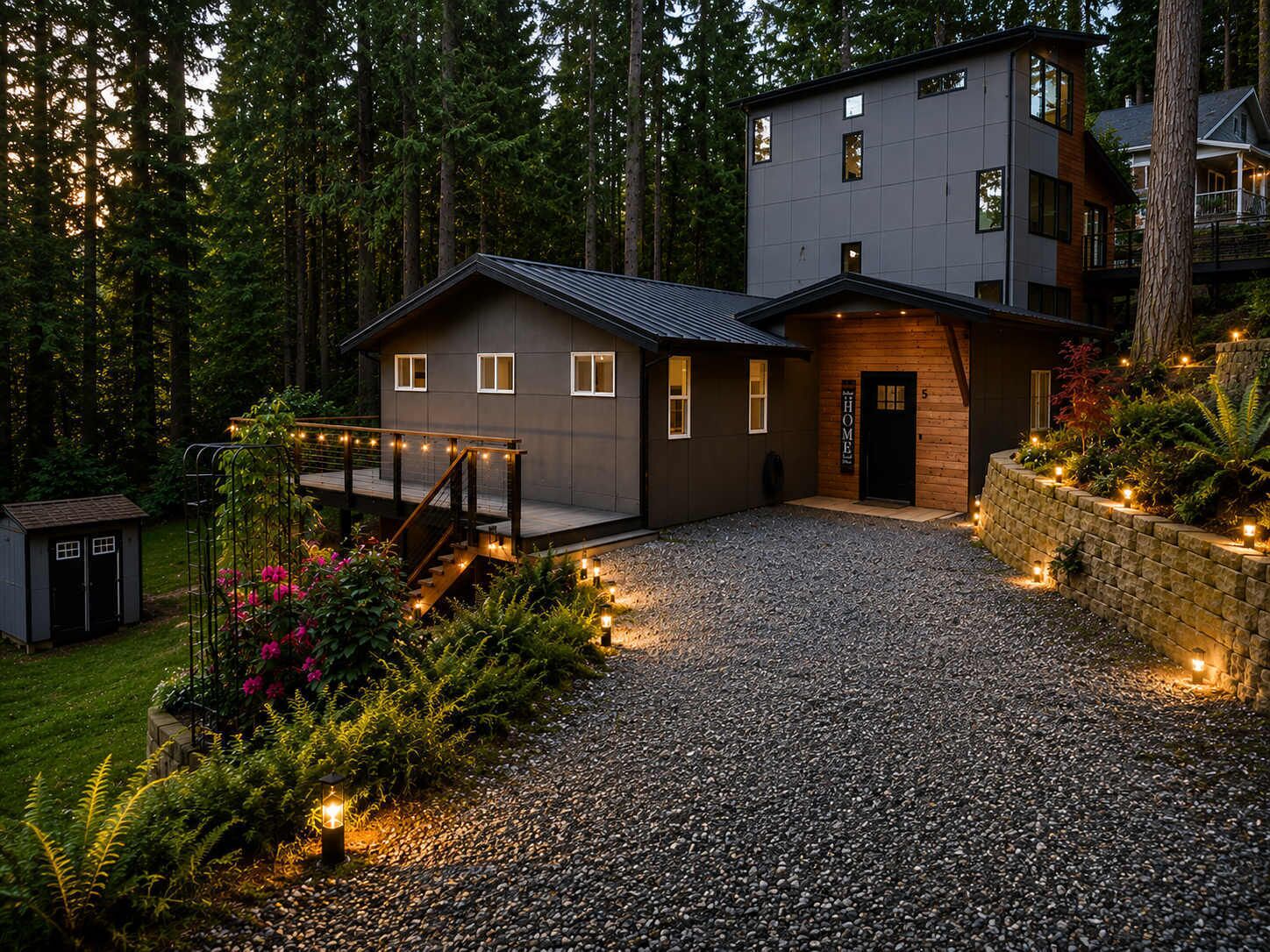 A modern two-story house with a gravel driveway, surrounded by a forest.