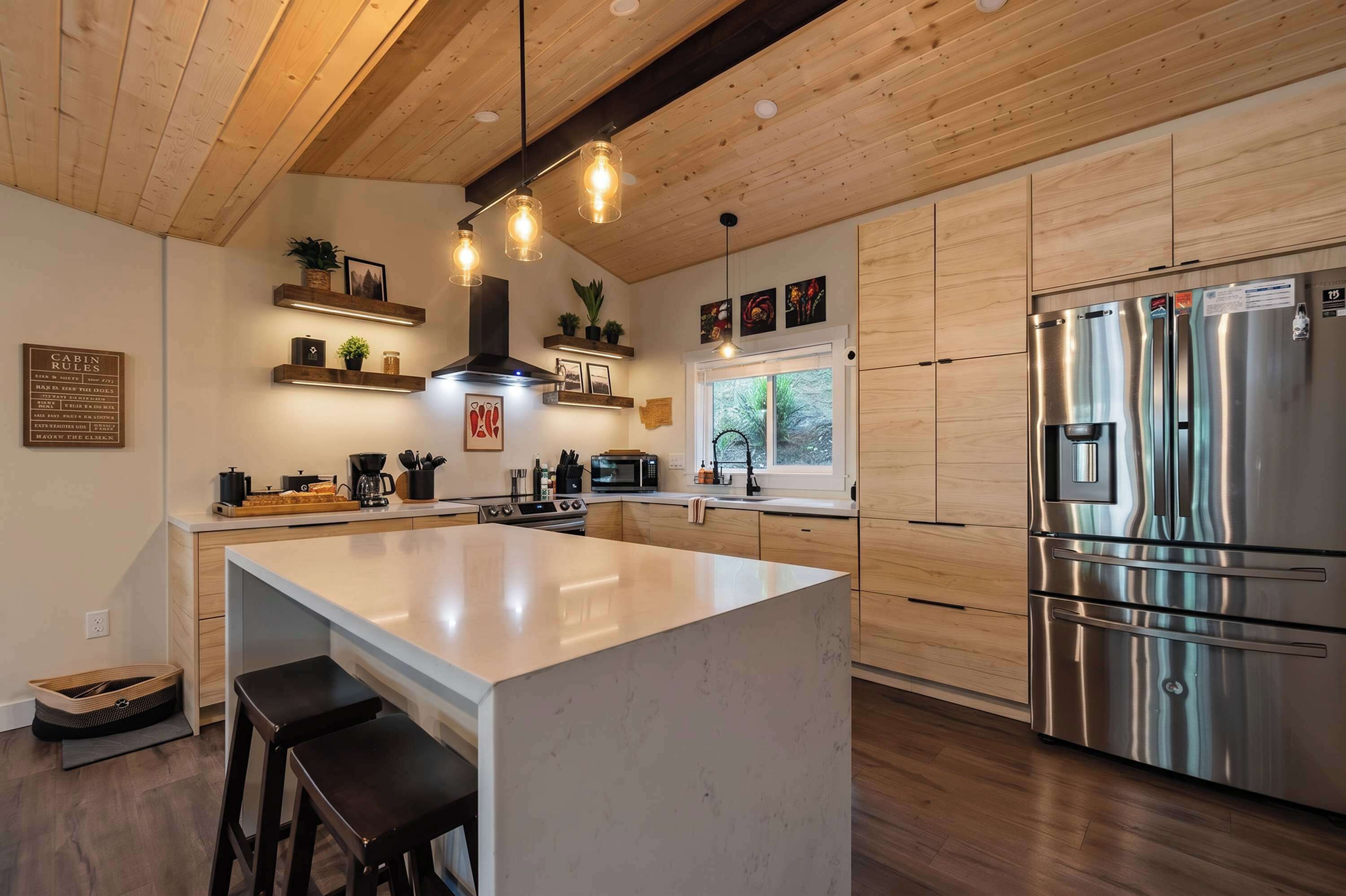 A modern kitchen with wooden cabinetry, a stainless steel refrigerator, and a central island with bar stools.