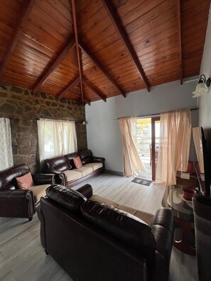 Ein gemütlicher Wohnbereich mit Steinwand, Ledersofas, Holzboden und Glastisch.