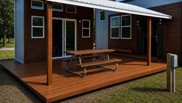 Een modern huis met een houten terras, een overdekte patio en een schuifdeur.
