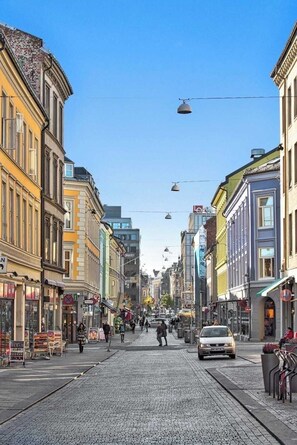 A cobblestone street lined with historic buildings, some with signage indicating shops and services. - Oslo city center (Oslo)