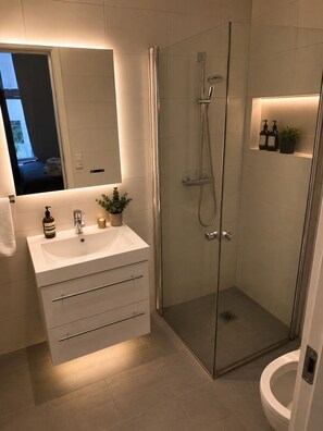 A modern bathroom with a glass-enclosed shower, a white sink with a mirror above, and a toilet. - Oslo city center (Oslo)