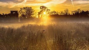 Ein Sonnenuntergang über einem Feld mit Bäumen und einem entfernten Gebäude.