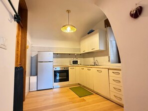 Een functionele keuken met een koelkast, oven, magnetron en een hanglamp.