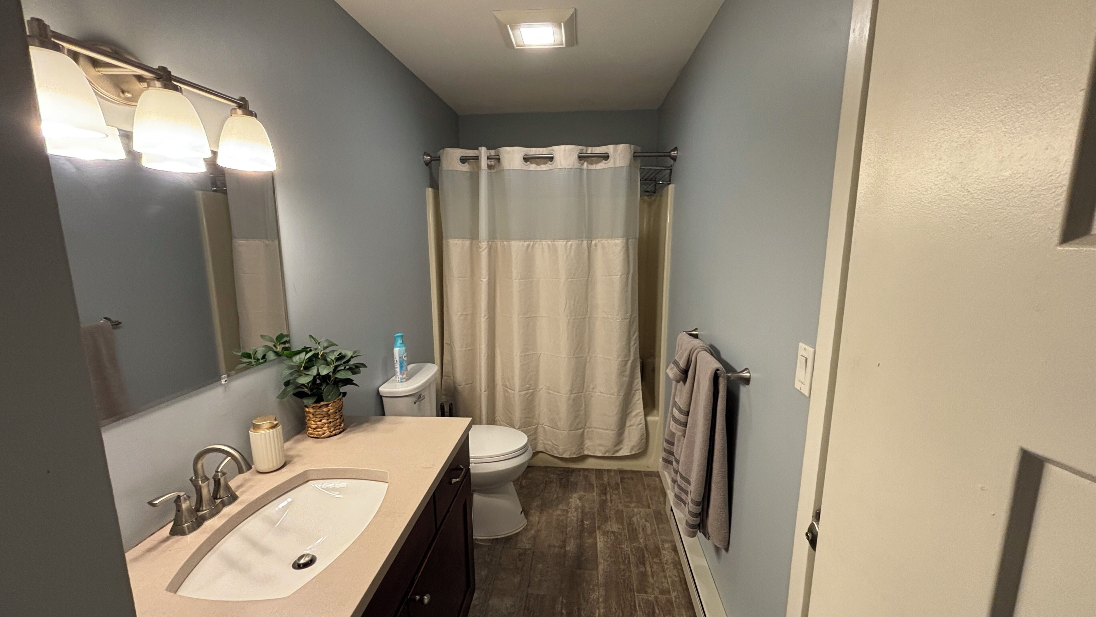 Hair dryer, towels, soap, toilet paper