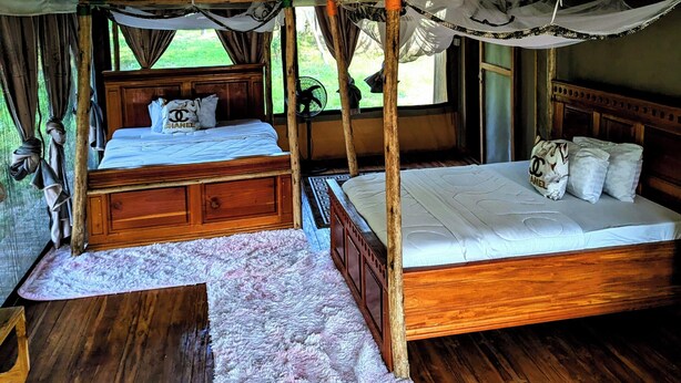 Alojamiento con carpa, dos camas de madera y vistas al exterior.