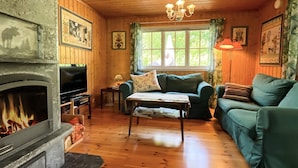 Un interior de cabaña acogedor con chimenea, televisor, sofá y ventana con cortinas.