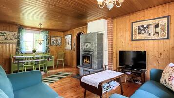 A cozy living room with a fireplace, a television, and green furniture.