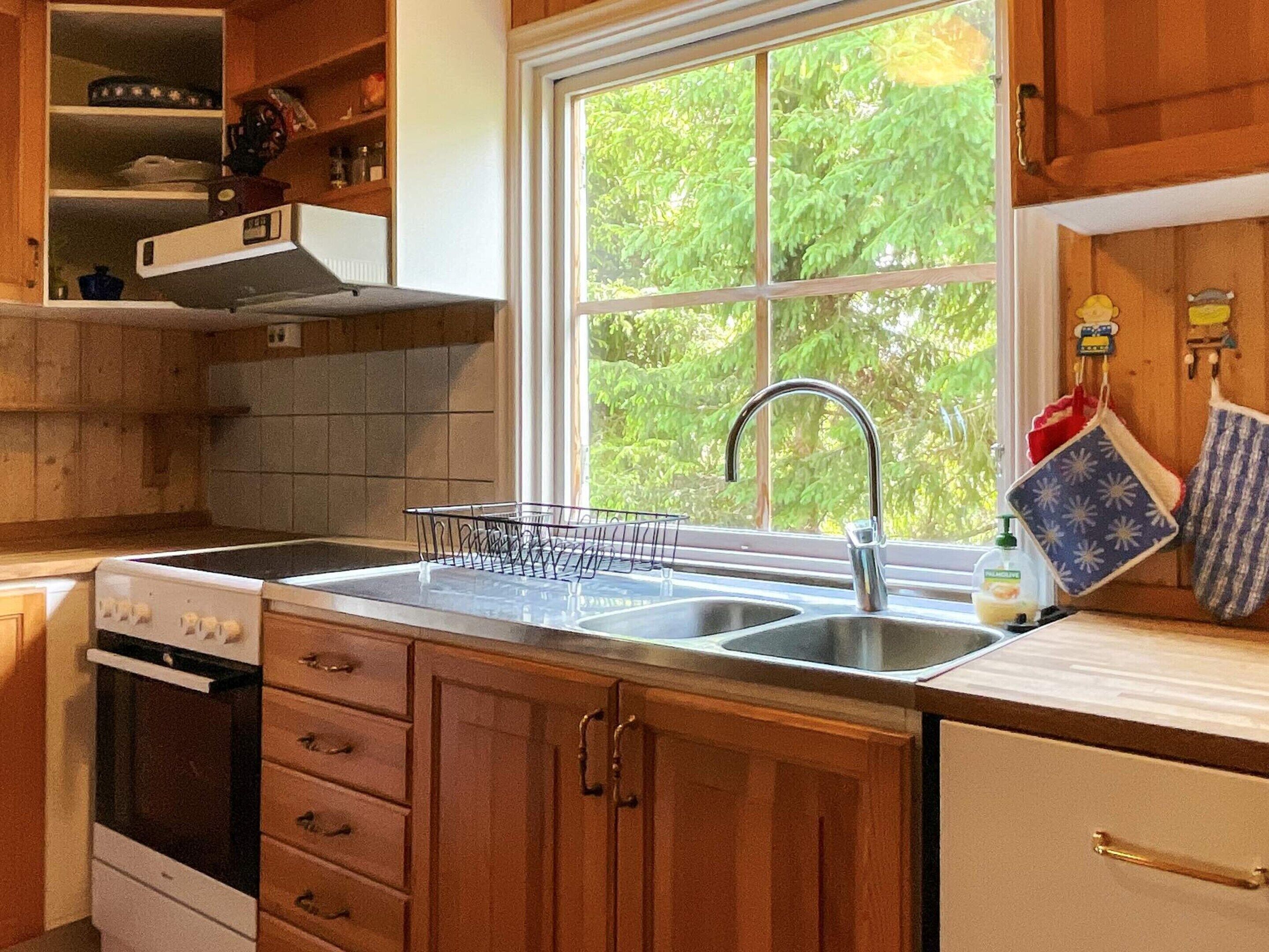 A kitchen with wooden cabinets, a stainless steel sink, a window with a view of greenery, and a dish rack.