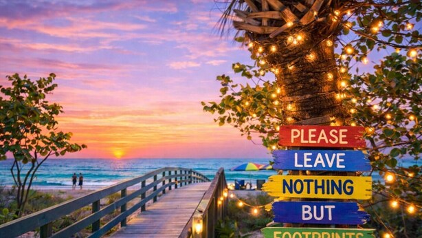 Une promenade en bois mène à une plage, avec un coucher de soleil en arrière-plan et un panneau indiquant : « VEUILLEZ NE LAISSER DERRIÈRE VOUS QUE VOS PAS. »