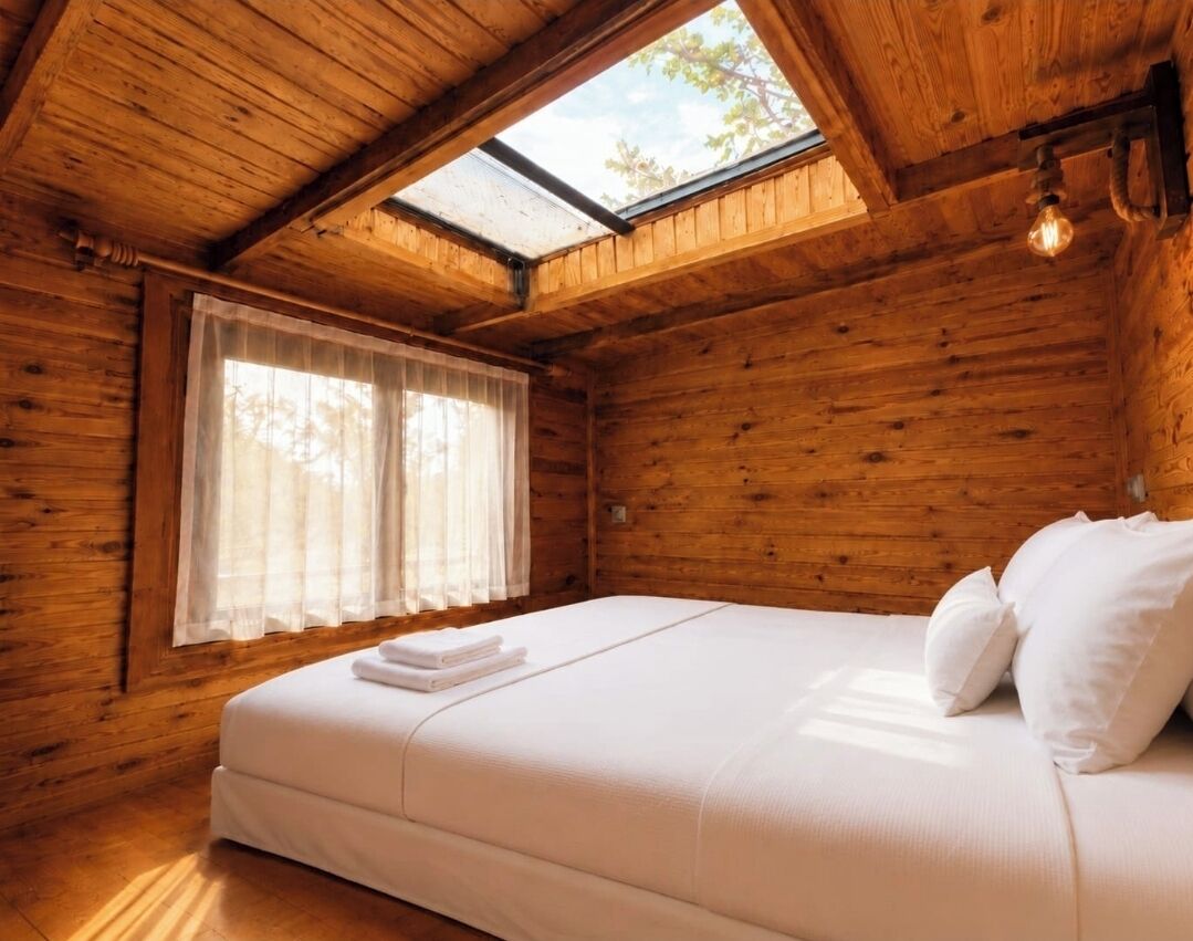 A wooden cabin room with a bed, a skylight, and a window with curtains.