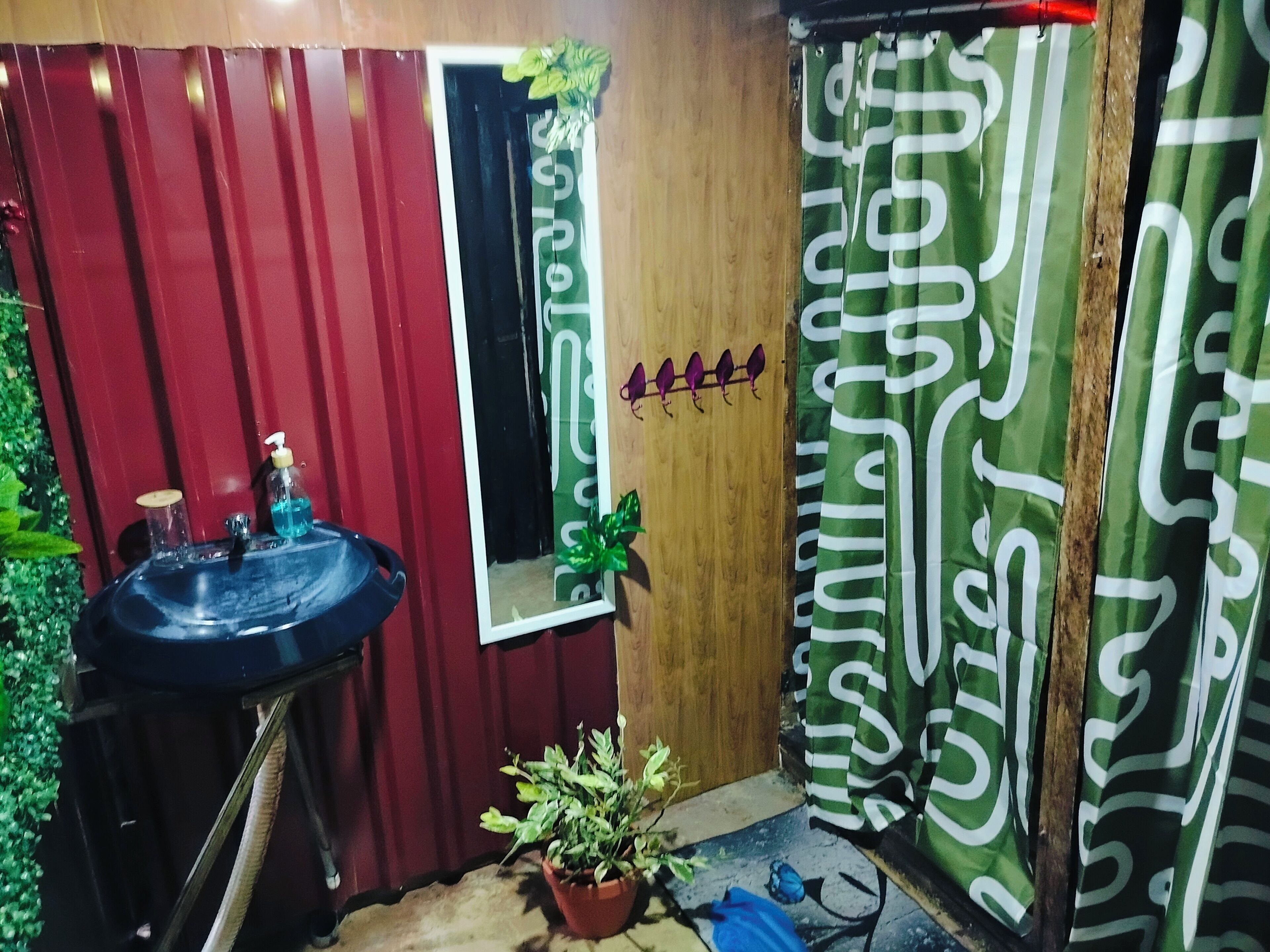 A small bathroom with a sink, mirror, and potted plants.