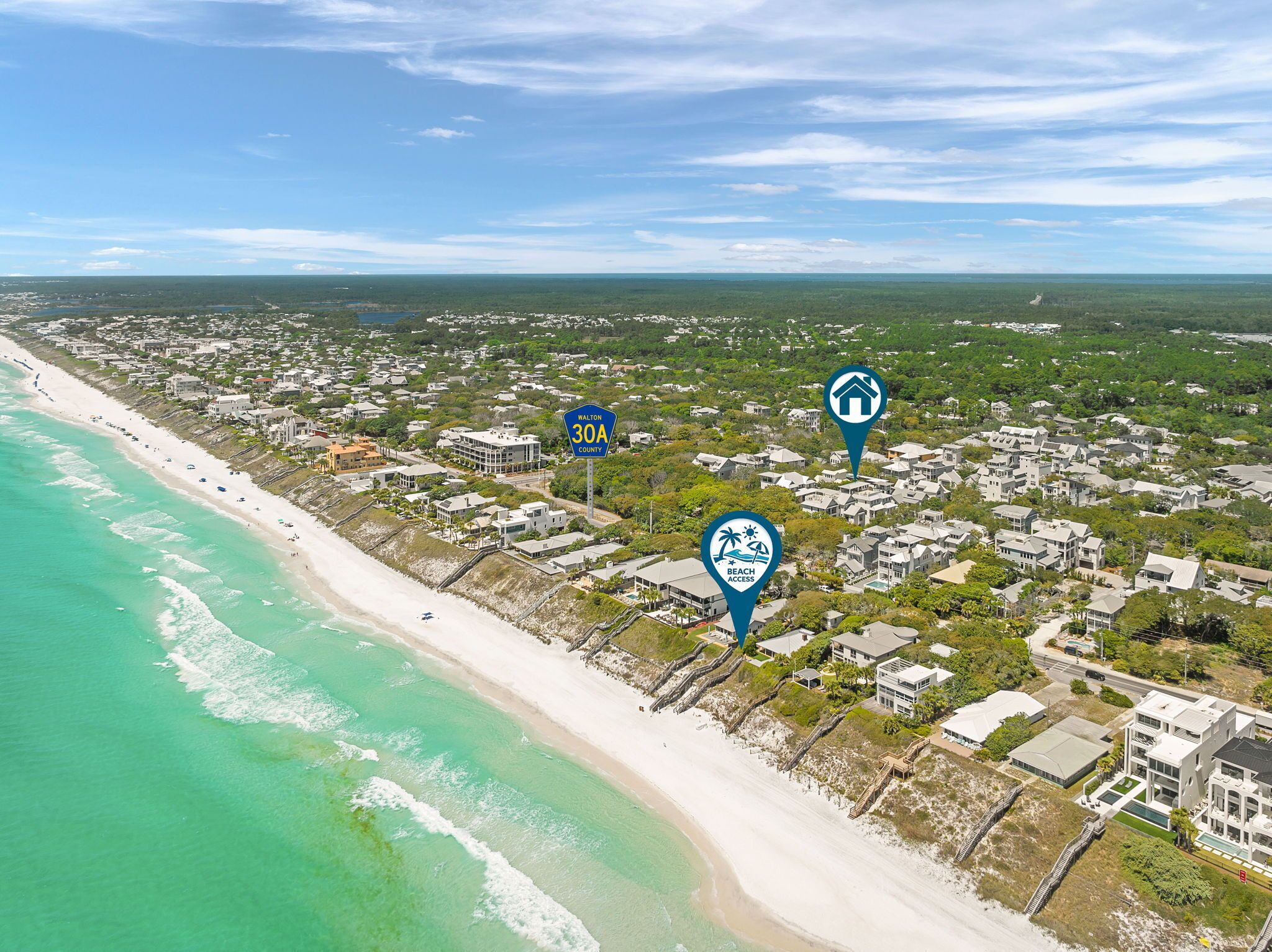 Vista aérea de una zona residencial costera con acceso a la playa, una playa y una carretera que dice 'WALTON 30A COUNTY'.