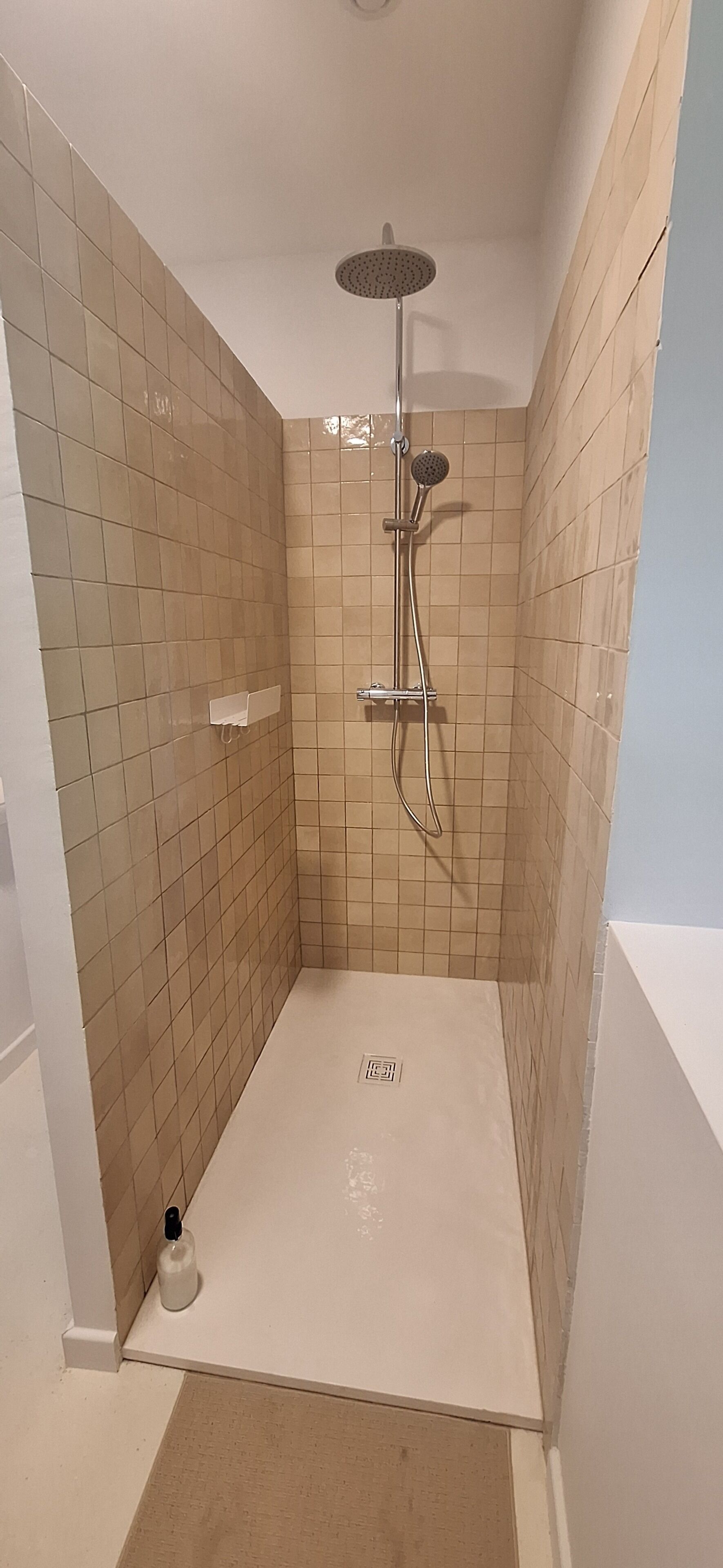 Shower, towels, soap, toilet paper