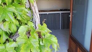 Área externa coberta com parede de pedra, porta de madeira e vista para uma cozinha.