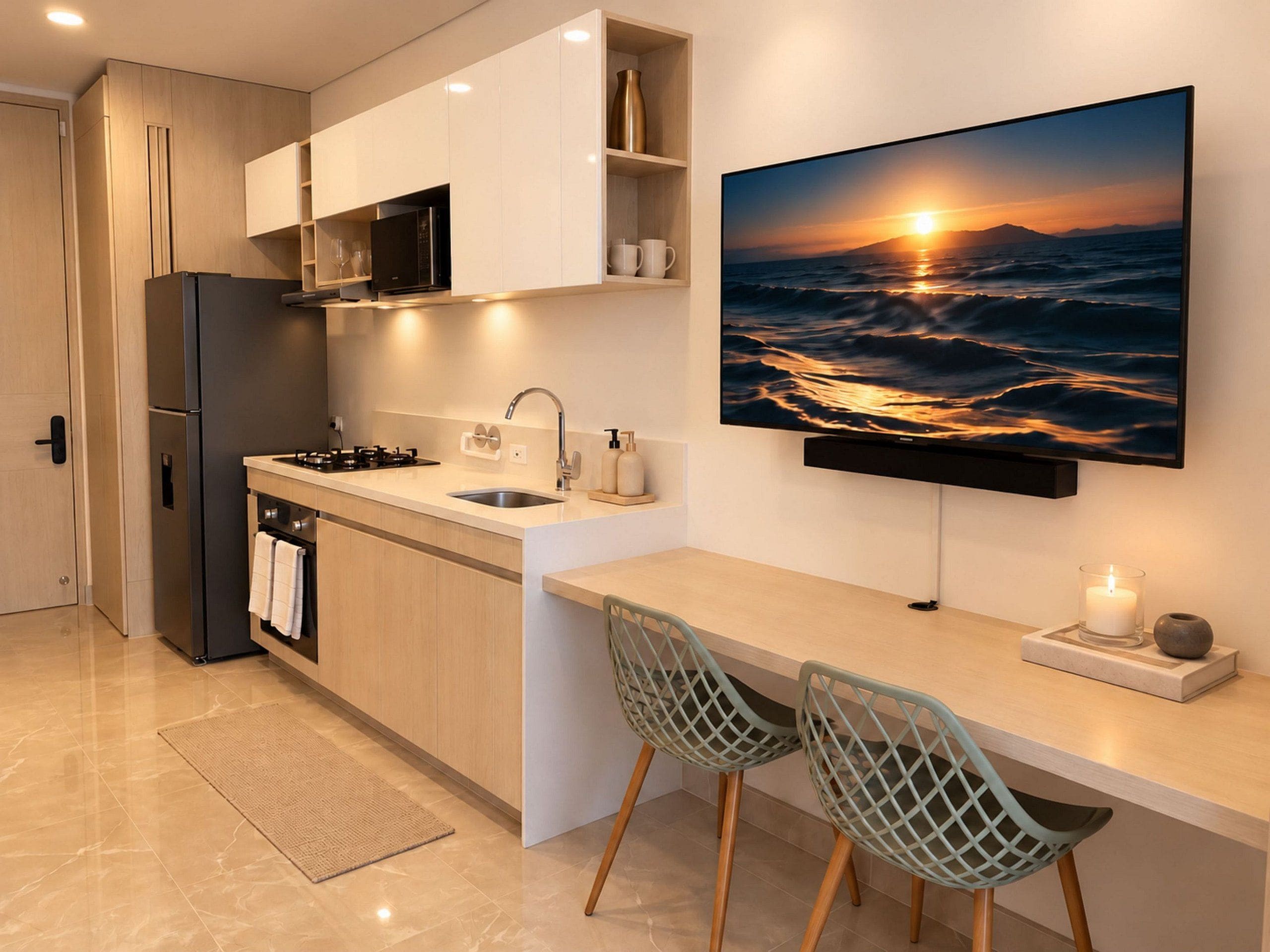 A modern kitchen with a built-in oven, microwave, and sink, a flat-screen TV mounted on the wall, and two chairs at the counter.