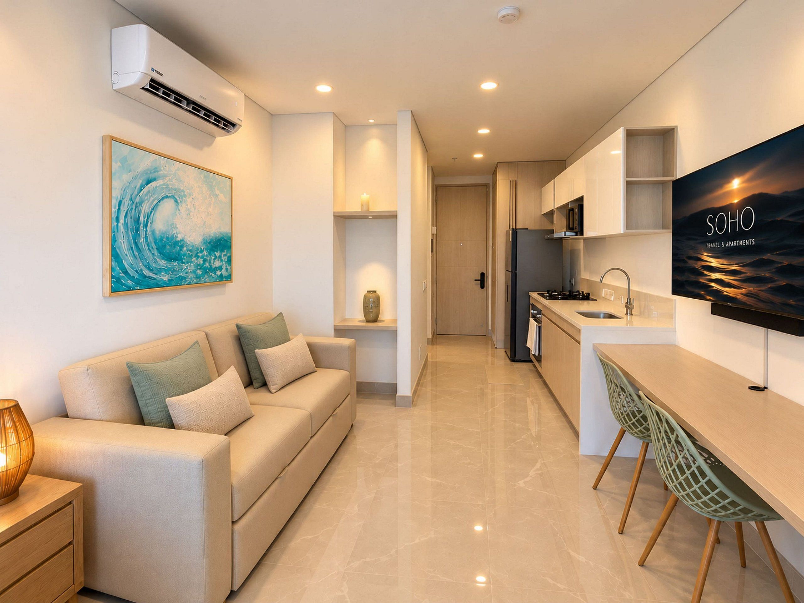 A modern kitchen with a flat-screen TV, a sofa, and a dining area with chairs.