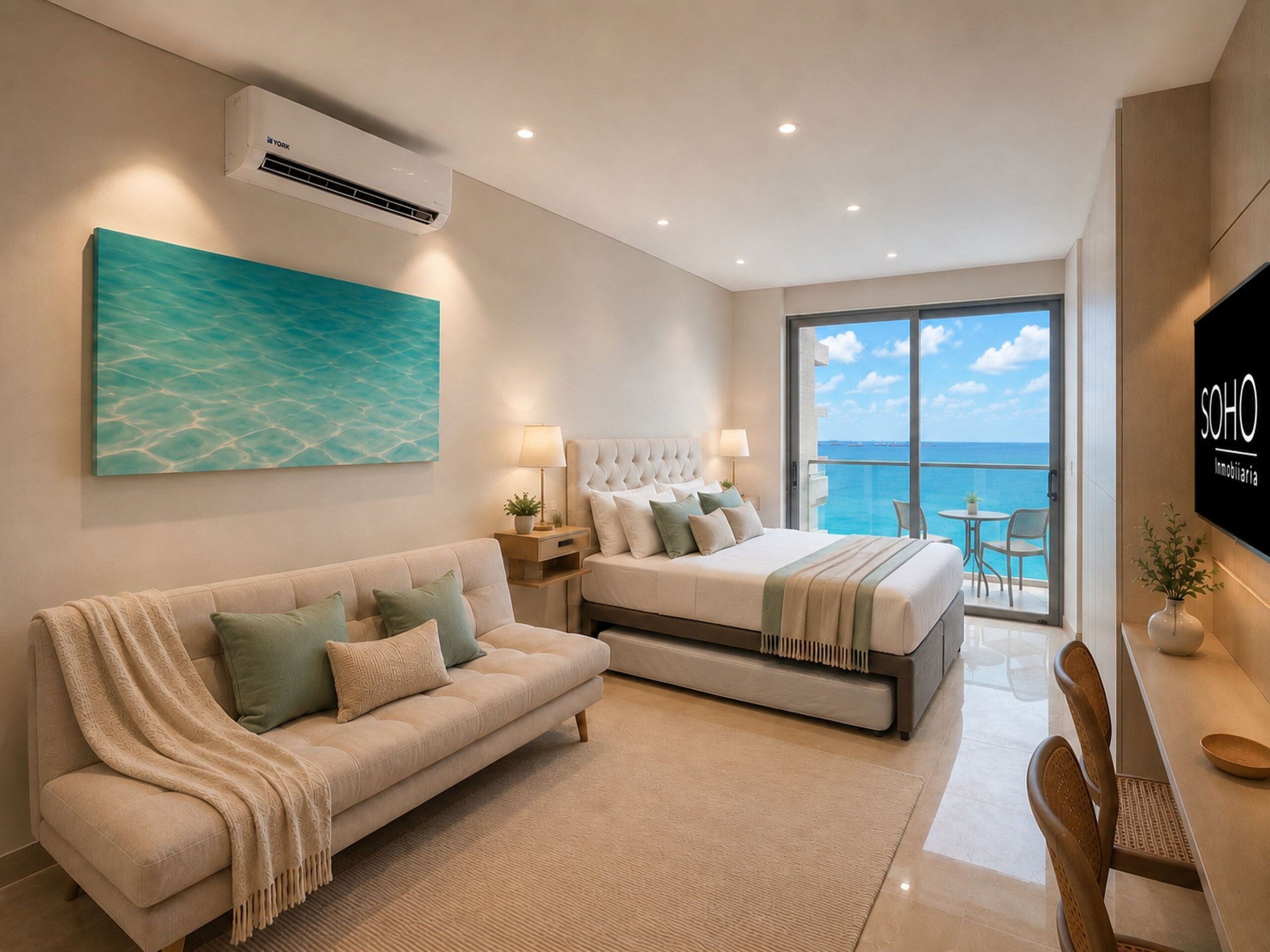 Habitación de hotel moderna con cama, sofá, televisor y balcón con vista al mar.