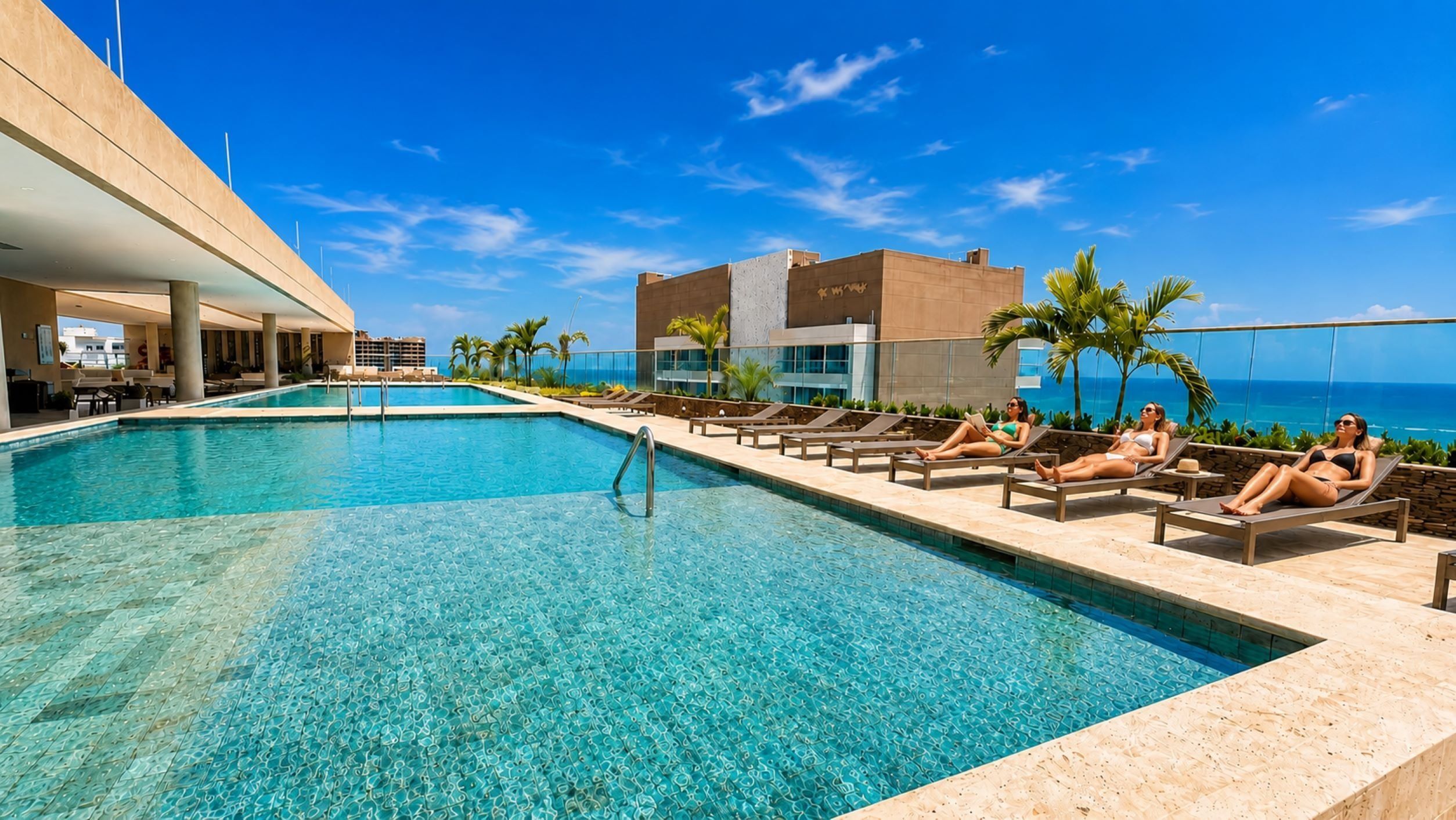 A pool area with lounge chairs and palm trees, overlooking a body of water.
