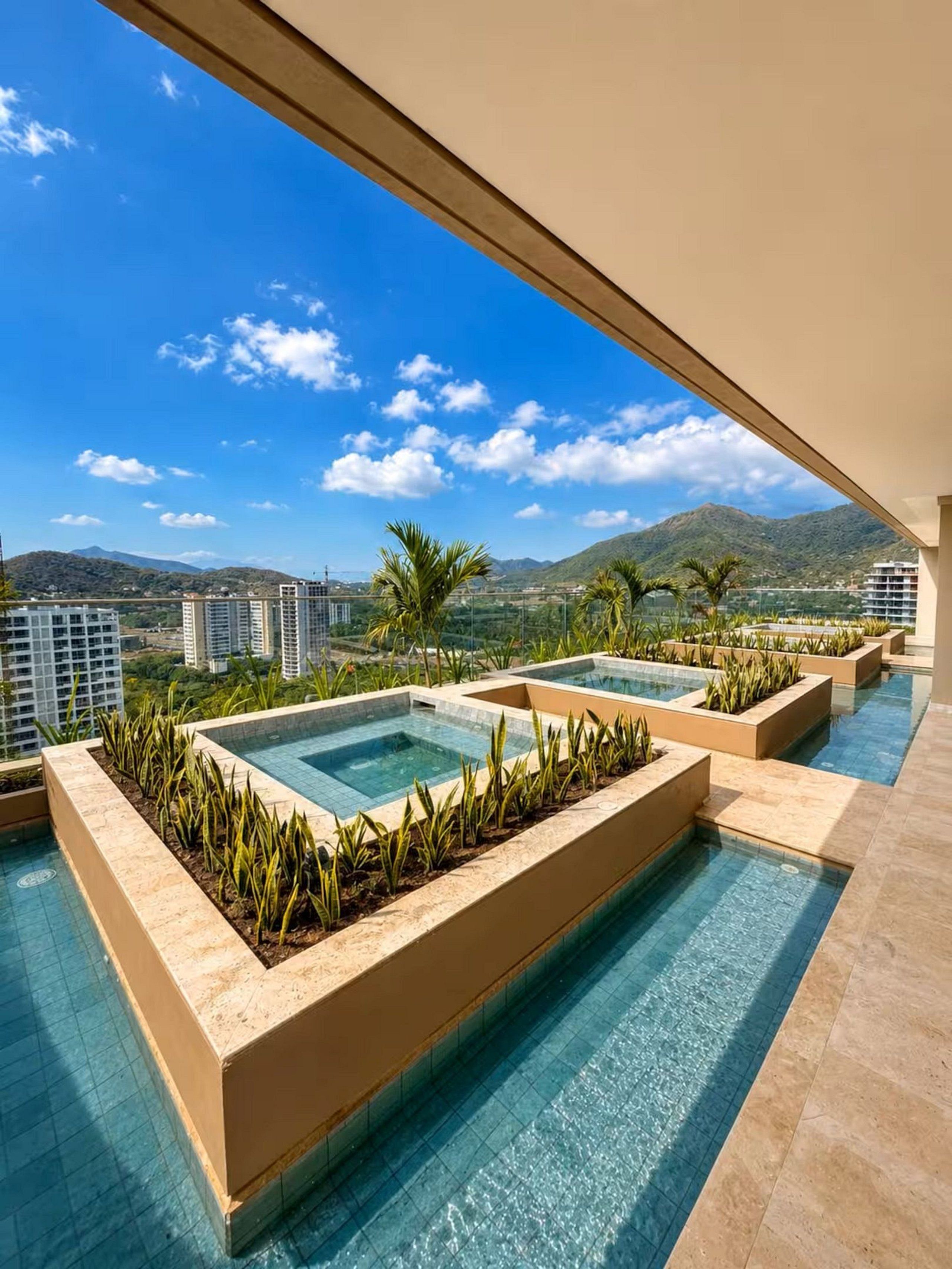 A rooftop infinity pool with a view of mountains and buildings.