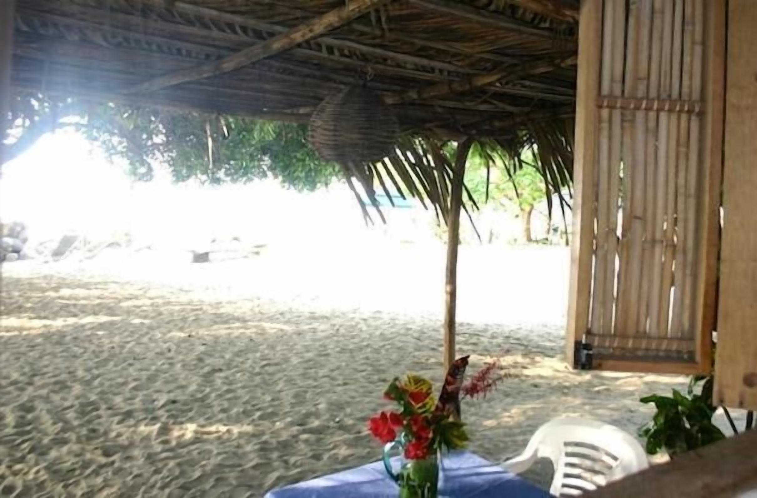 A beach view with a thatched roof structure, a table with a vase of flowers, and a white plastic chair.