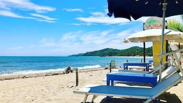 On the beach, sun-loungers, beach umbrellas, beach towels