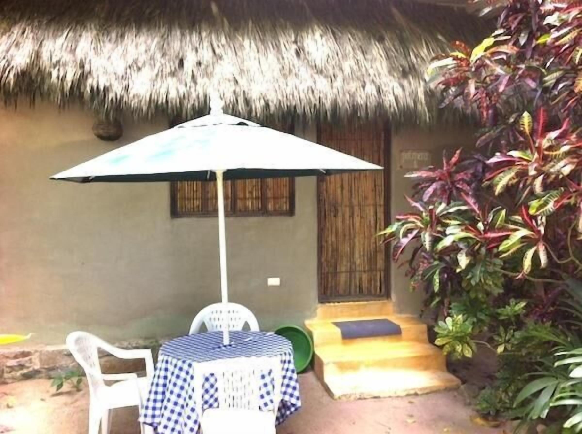 A thatched-roof structure with a table and chairs under an umbrella, surrounded by plants.