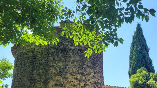 Een stenen toren met een deur, omgeven door groen en een gebouw met rode luiken.