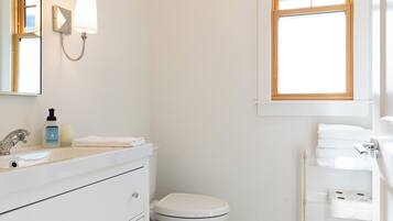 Hair dryer, towels, soap, toilet paper