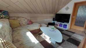 Olohuone, jossa on sohva, sohvapöytä, televisio ja säilytyslaatikoita.