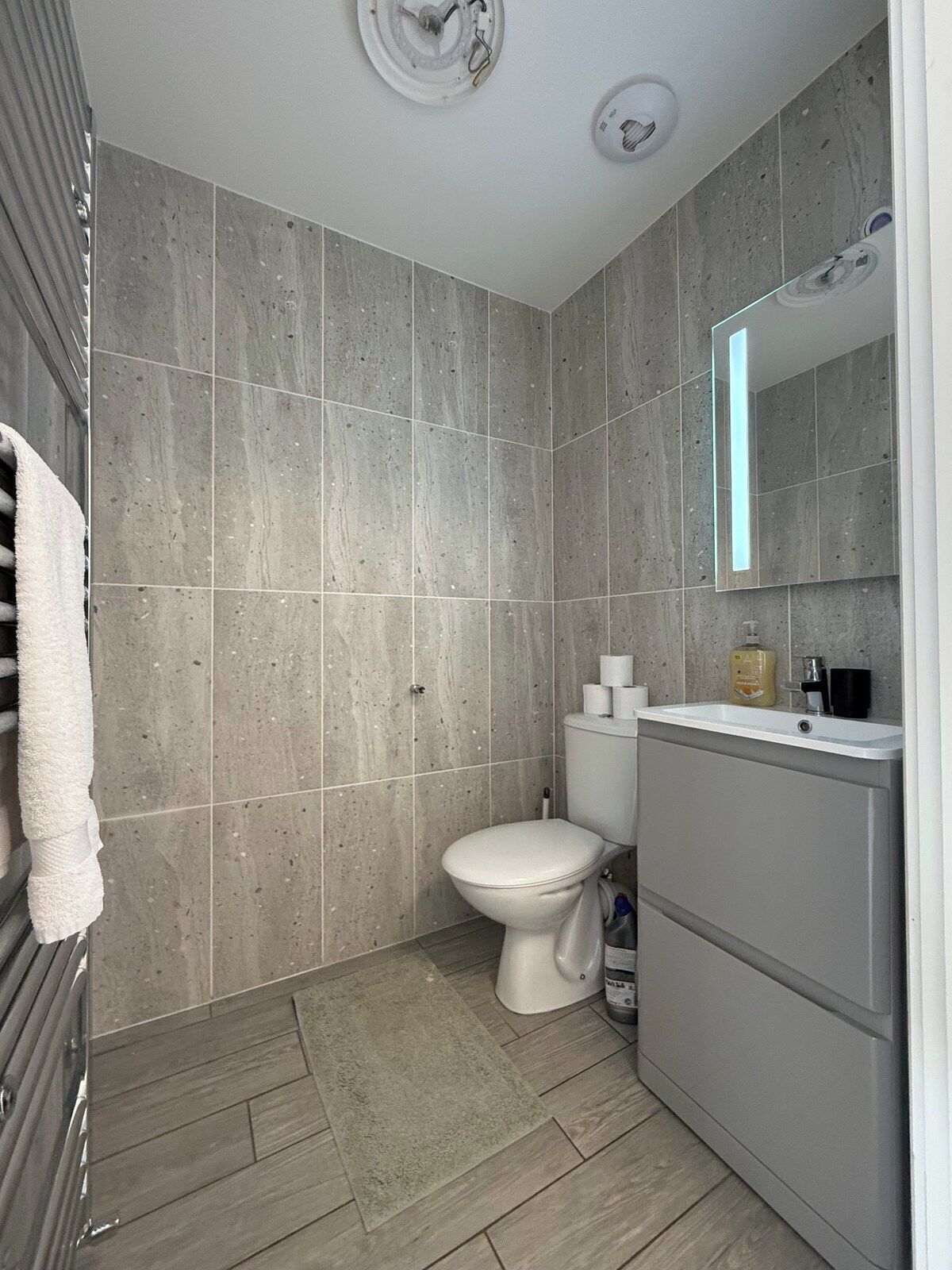 Un baño con inodoro, lavabo y espejo.