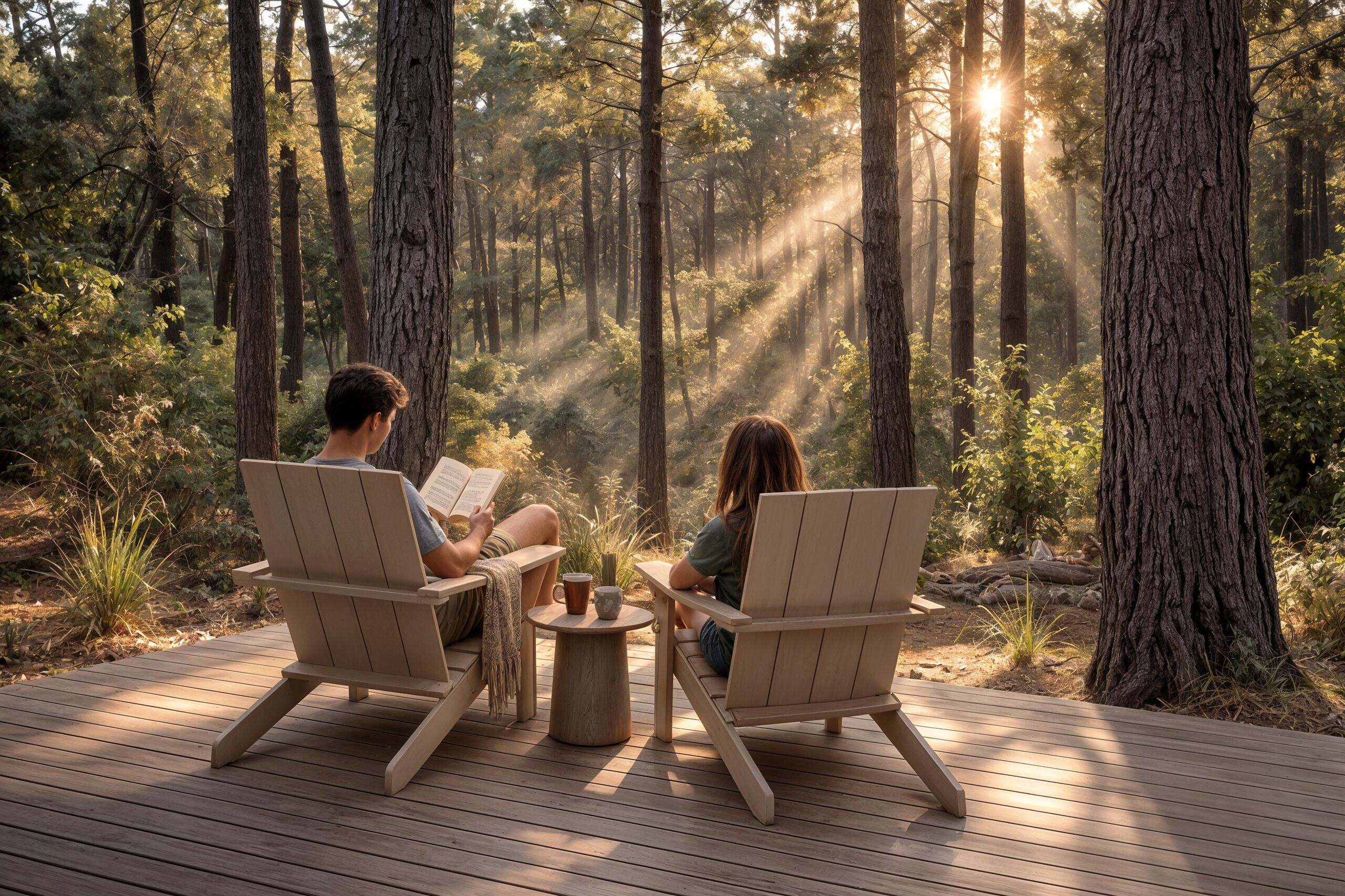 Dos personas sentadas en sillas de madera en una terraza, leyendo libros, con un bosque y luz solar al fondo.