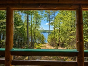 Una cabana amb vista a un bosc i un llac.