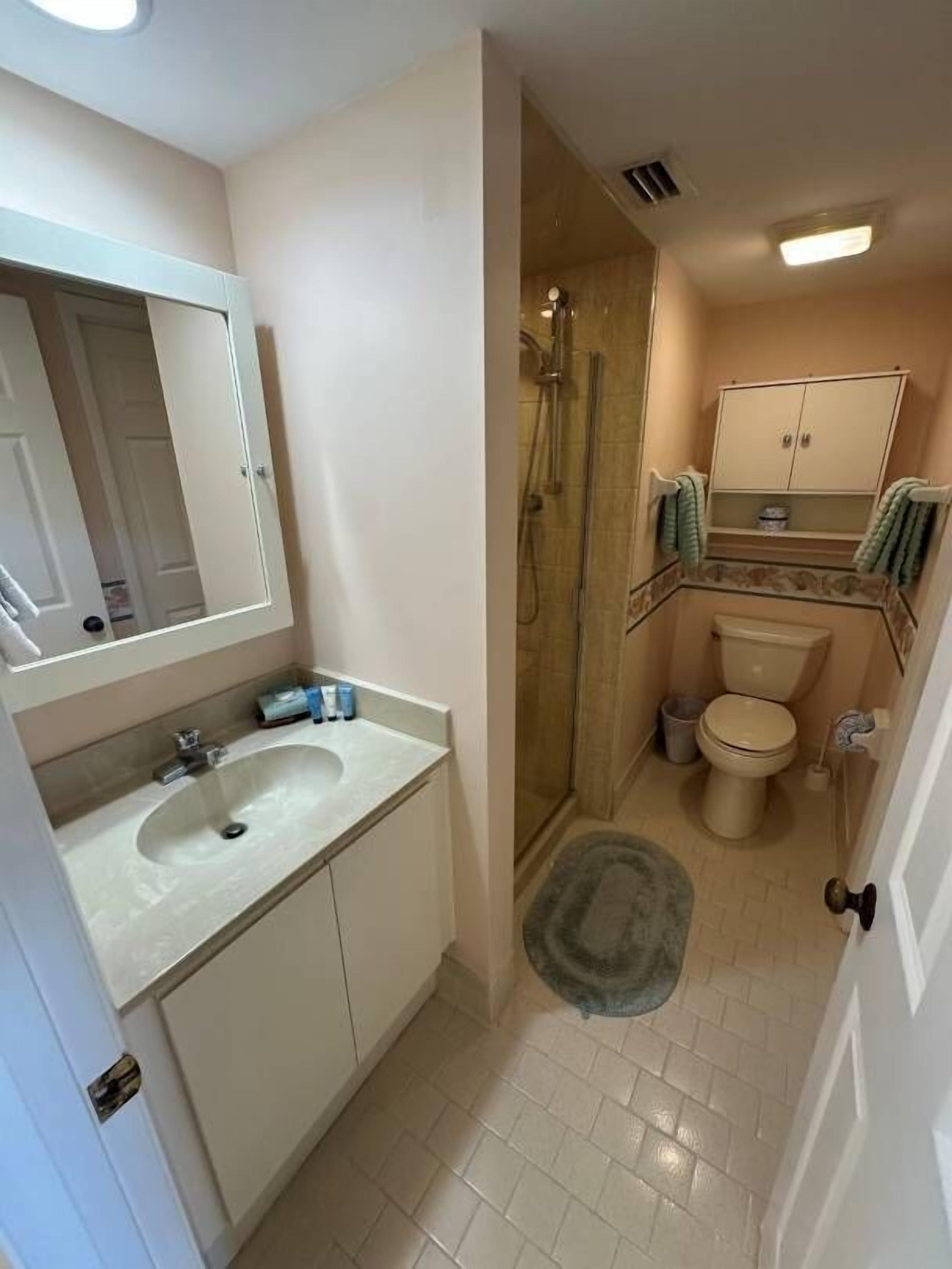 Une salle de bain équipée d’un lavabo, d’un miroir, d’une douche, de toilettes et d’un meuble de rangement.
