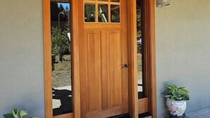 Une porte en bois avec des panneaux de verre, un paillasson et deux plantes en pot de chaque côté.