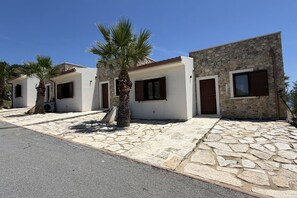 Une rangée de maisons modernes aux façades en pierre, aux volets en bois et à l’allée pavée.