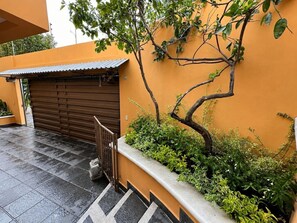 A gated entrance with a metal gate, a tree with green foliage, and a tiled floor.