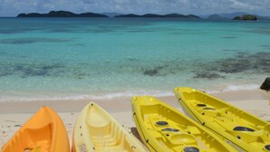 Uma praia com caiaques e água turquesa cristalina.