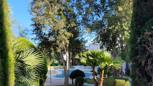 A paved pathway, manicured grass, and various trees in a landscaped area.
