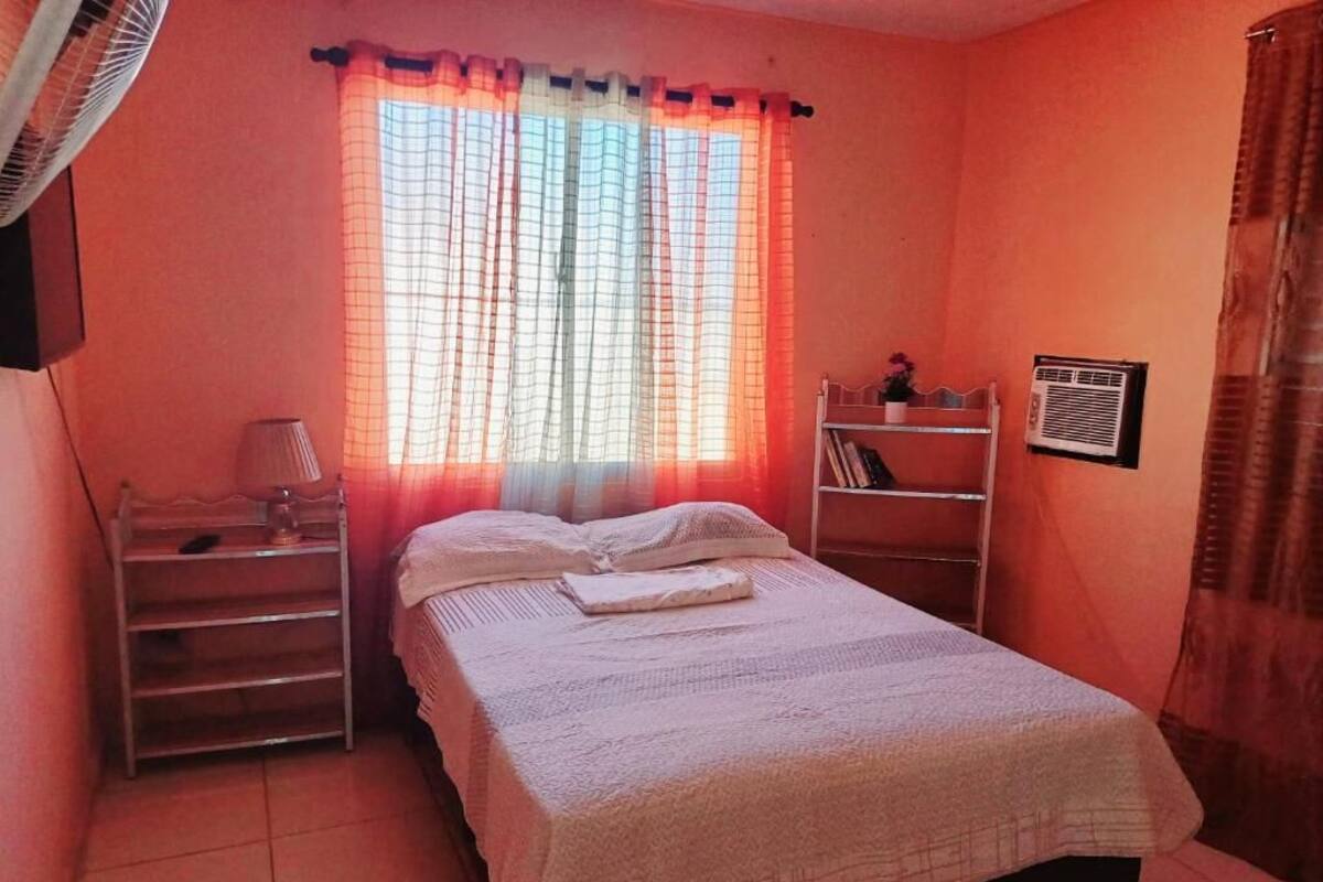 Una camera da letto con un letto, un comodino, una mensola piena di libri, una ventola e una finestra con tende.