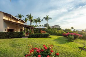 Ein gepflegter Garten mit Rasen, Palmen und blühenden Pflanzen.