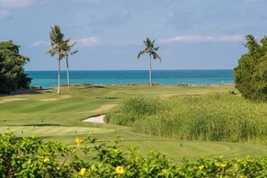 A golf course with a view of the ocean and palm trees. - Luxury Golf-Front Villa: 6BR w/ Private Pool, Chef & Golf Cart (Punta Mita)
