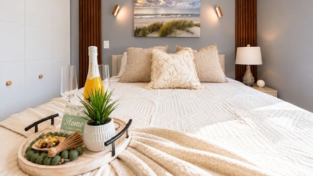 A bedroom with a bed, a bedside table with a lamp, a wall-mounted picture, and a bedside table with a bottle and a plant. - Charm, comfort and an exceptional location ,  Free parking (Miramar)