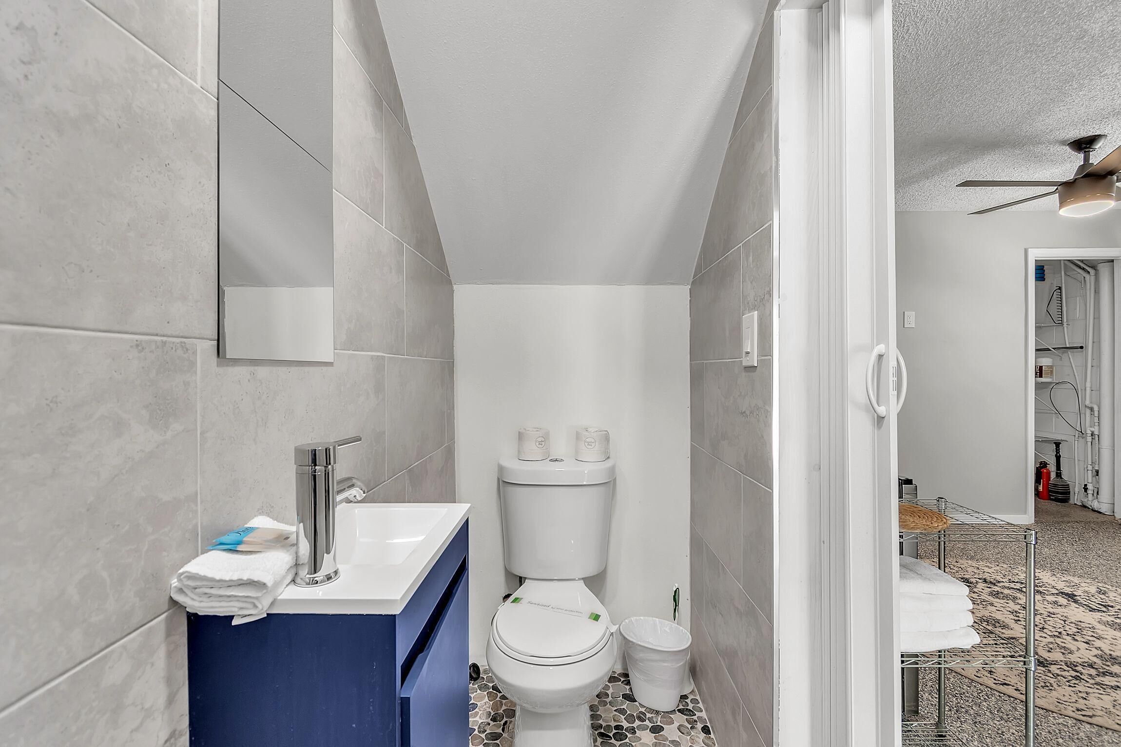 A bathroom with a white toilet, a sink, and a mirror.